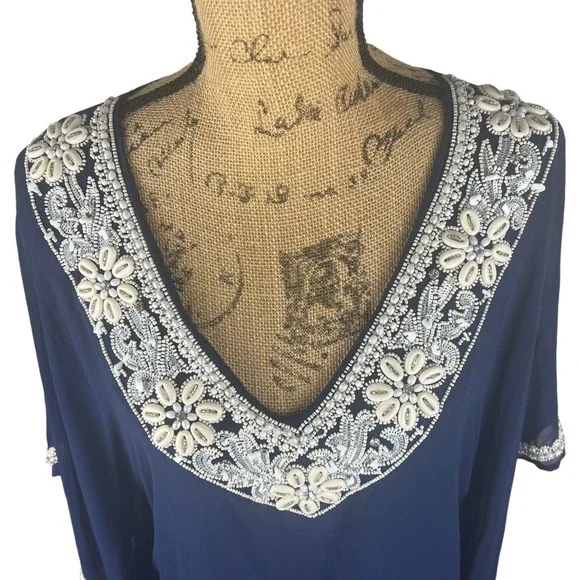 Boston Proper Navy Shell Embellished Kaftan Top XS - Picture 5 of 7